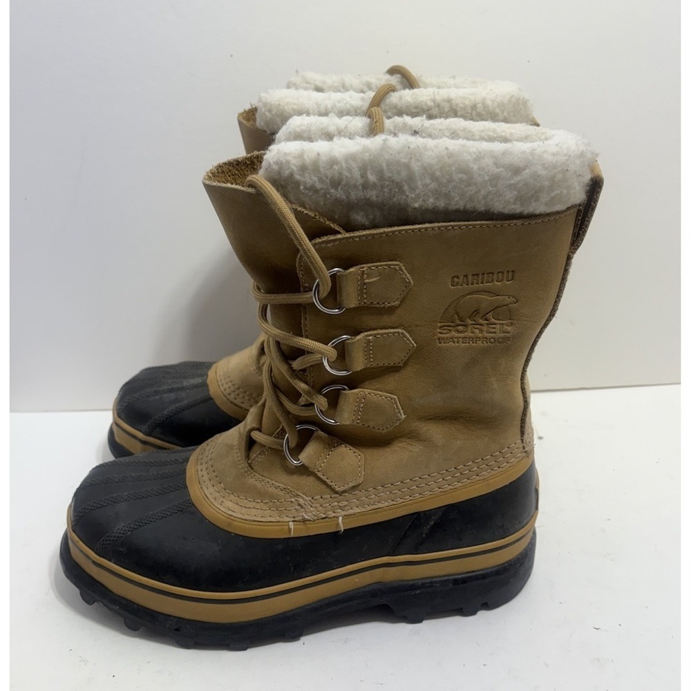 Sorel Caribou Women's Beige Leather, Waterproof Classic Lace Up Boots 8.5 Sherpa